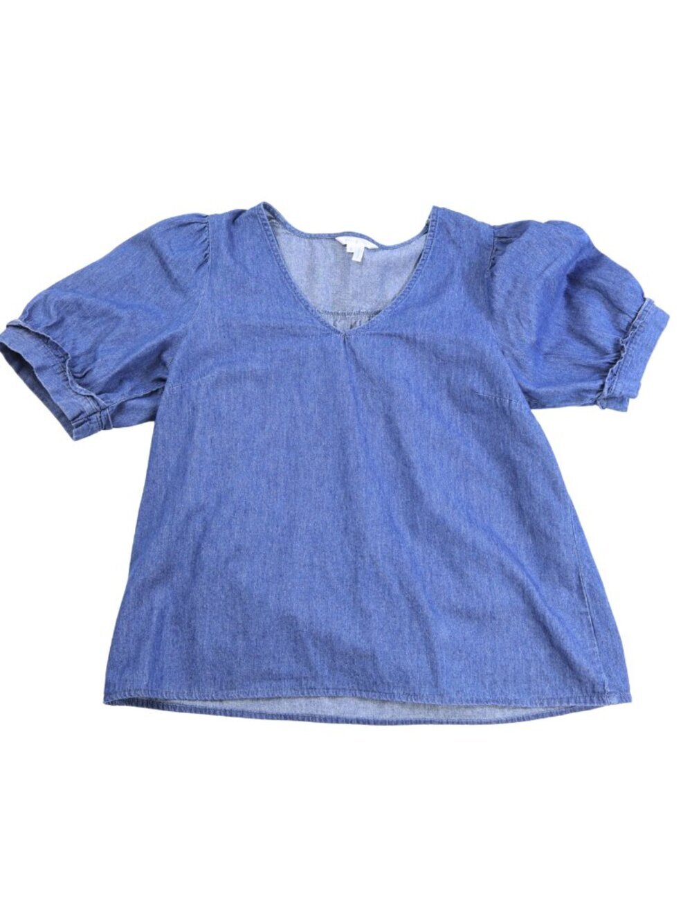 Draper James Chambray Puff Sleeve Denim Cotton Blouse Blue XS